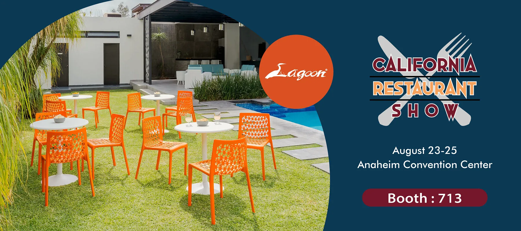 Orange outdoor chairs and white tables on a lawn beside a pool, with restaurant show event details.