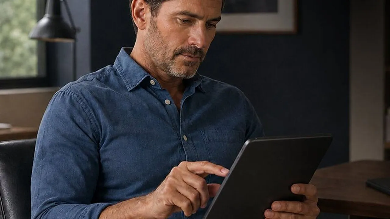 Man in a blue shirt using a tablet at a desk.