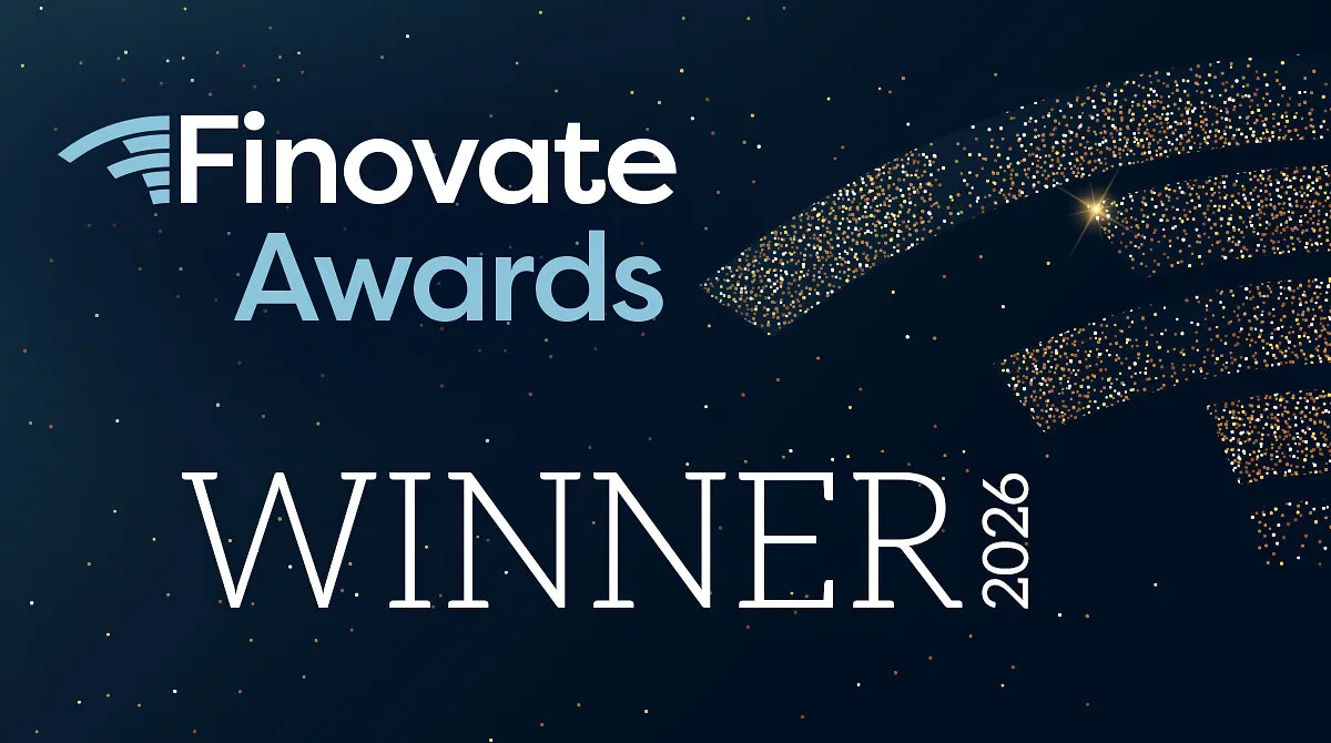 Finovate Awards Winner 2026 text with a glittering trophy outline on a dark blue background.