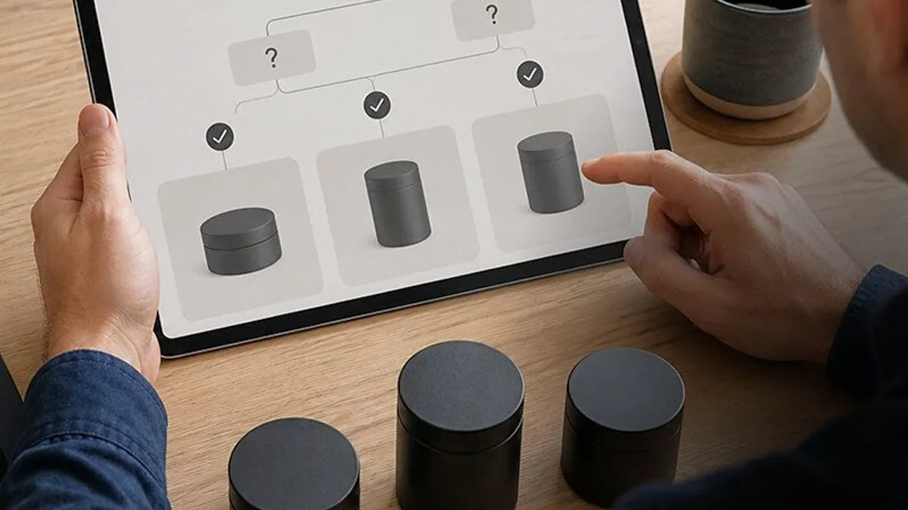 Hands use a tablet showing a decision tree with black cylindrical containers on a wooden table.