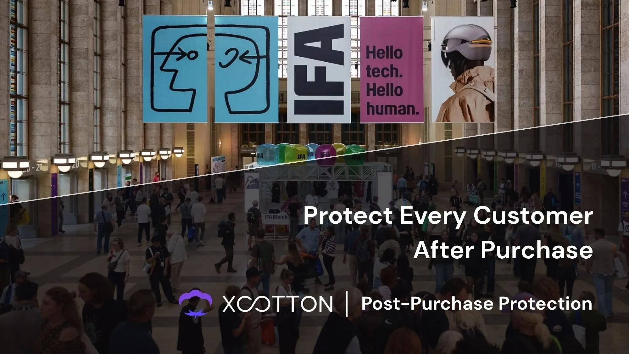 Crowded IFA exhibition hall with banners and XOTTON post-purchase protection text overlay