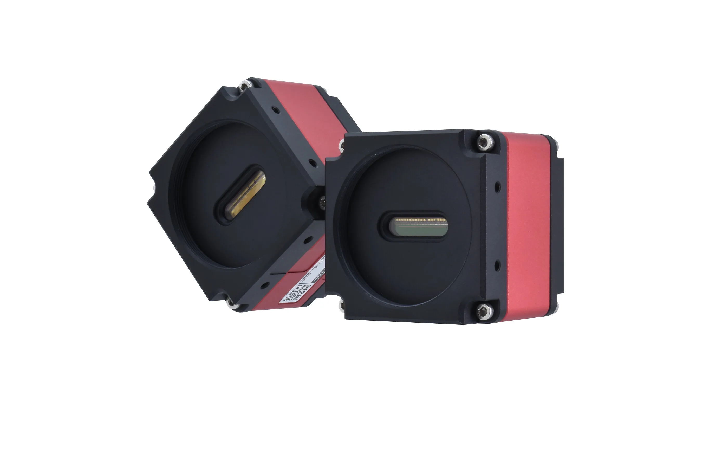 Two red-and-black industrial camera modules with circular lens mounts on a white background.