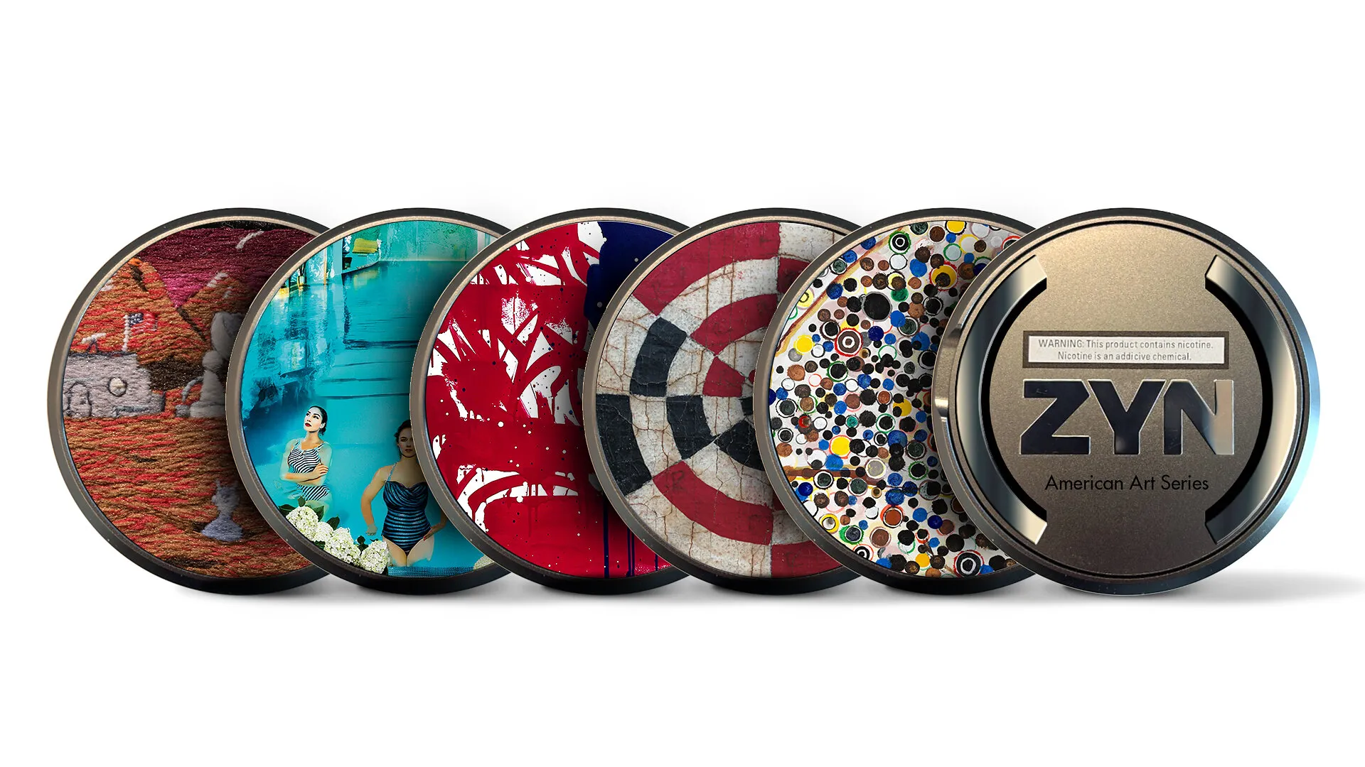 Six round ZYN American Art Series tins with assorted colorful artwork.
