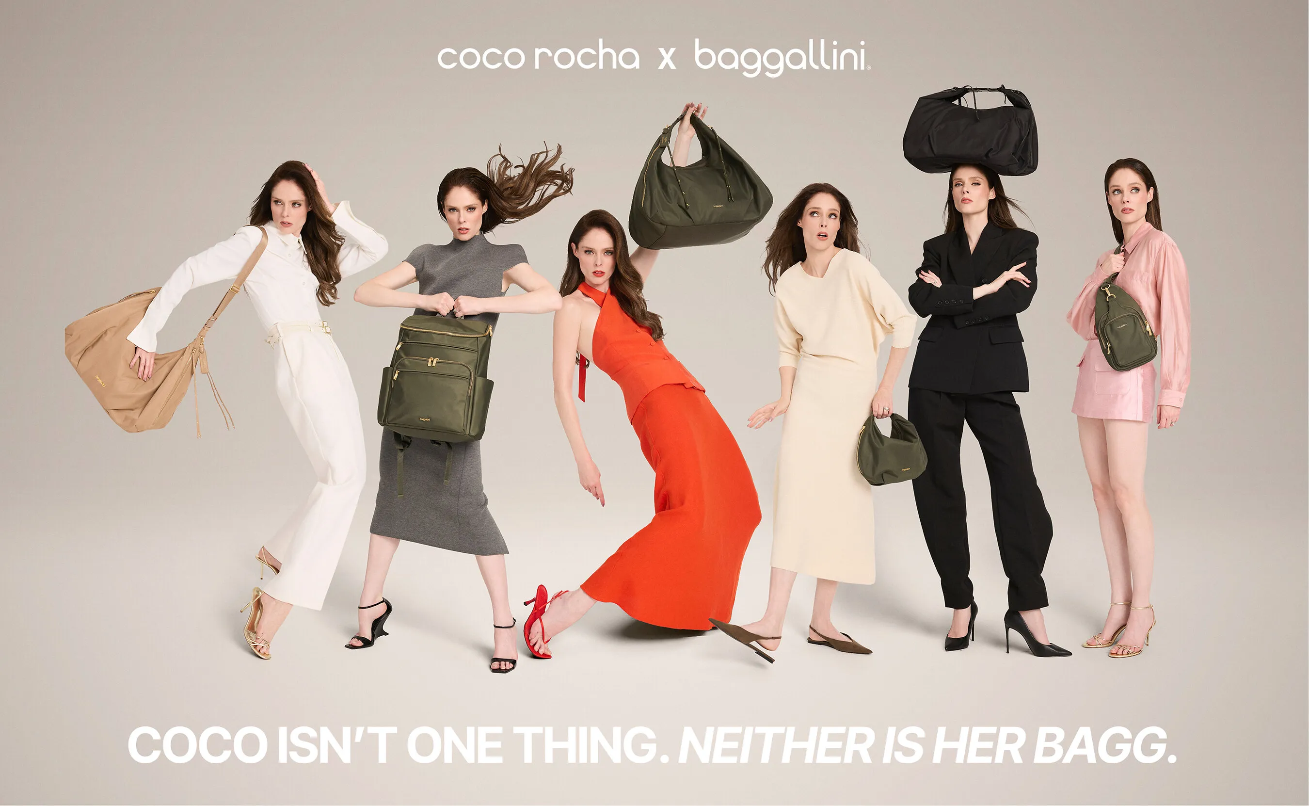 Six women in colorful outfits pose with handbags beneath Coco Rocha x Baggallini text.
