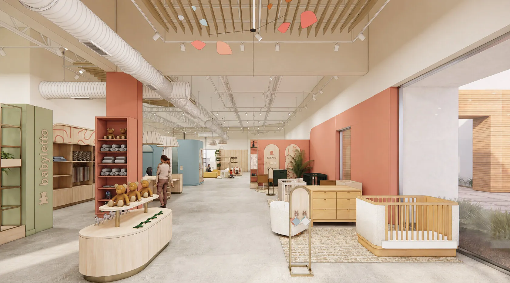 Baby furniture and toys displayed in a spacious pastel-coloured Babyletto store.