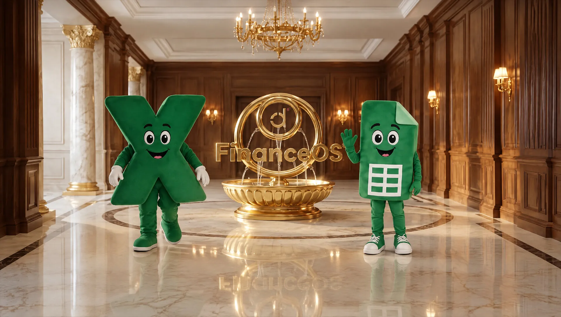 Green X and spreadsheet mascots beside a gold FinanceOS sign in an ornate hall.