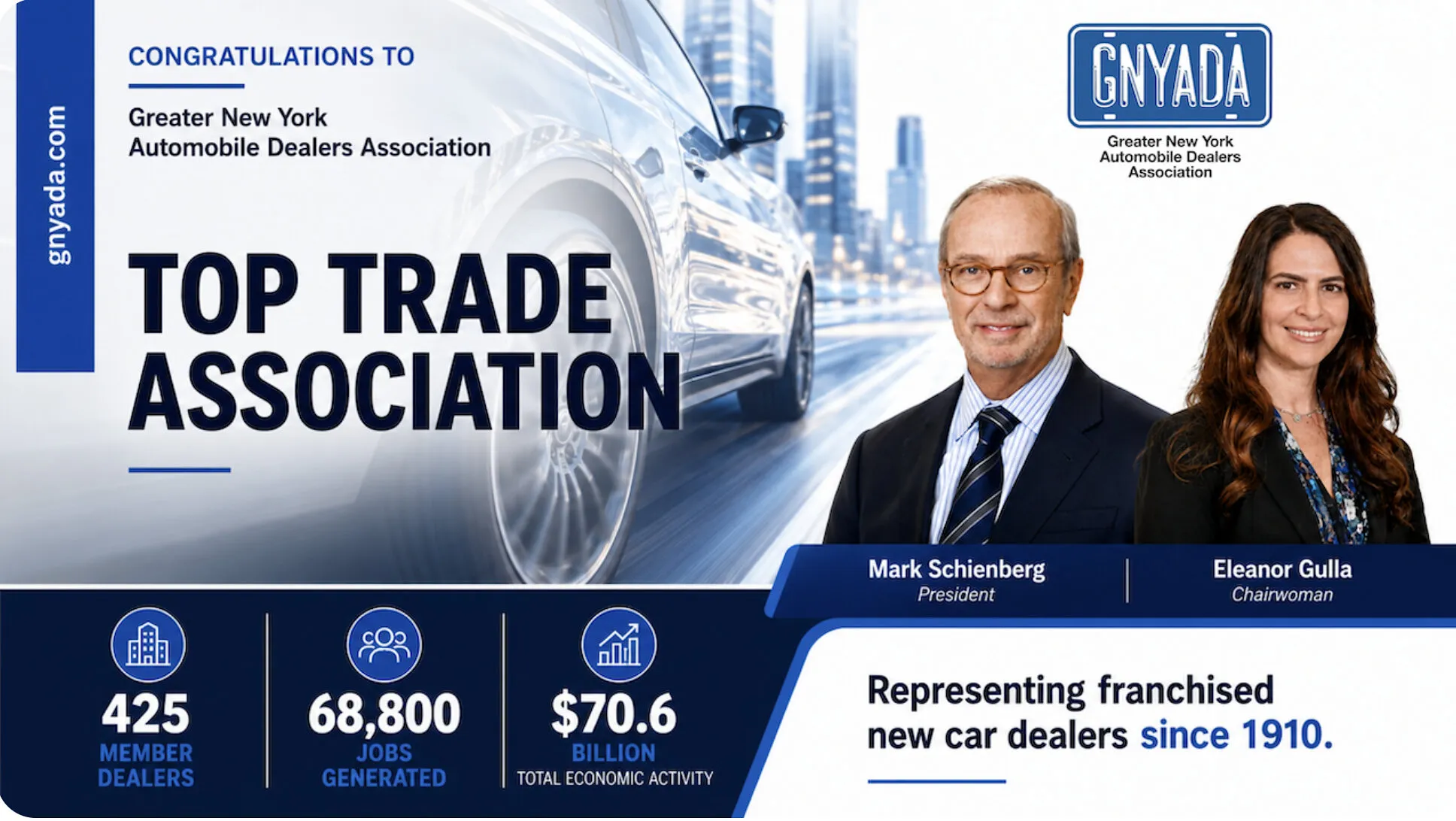 GNYADA Top Trade Association graphic with Mark Schienberg and Eleanor Gulla beside a car.