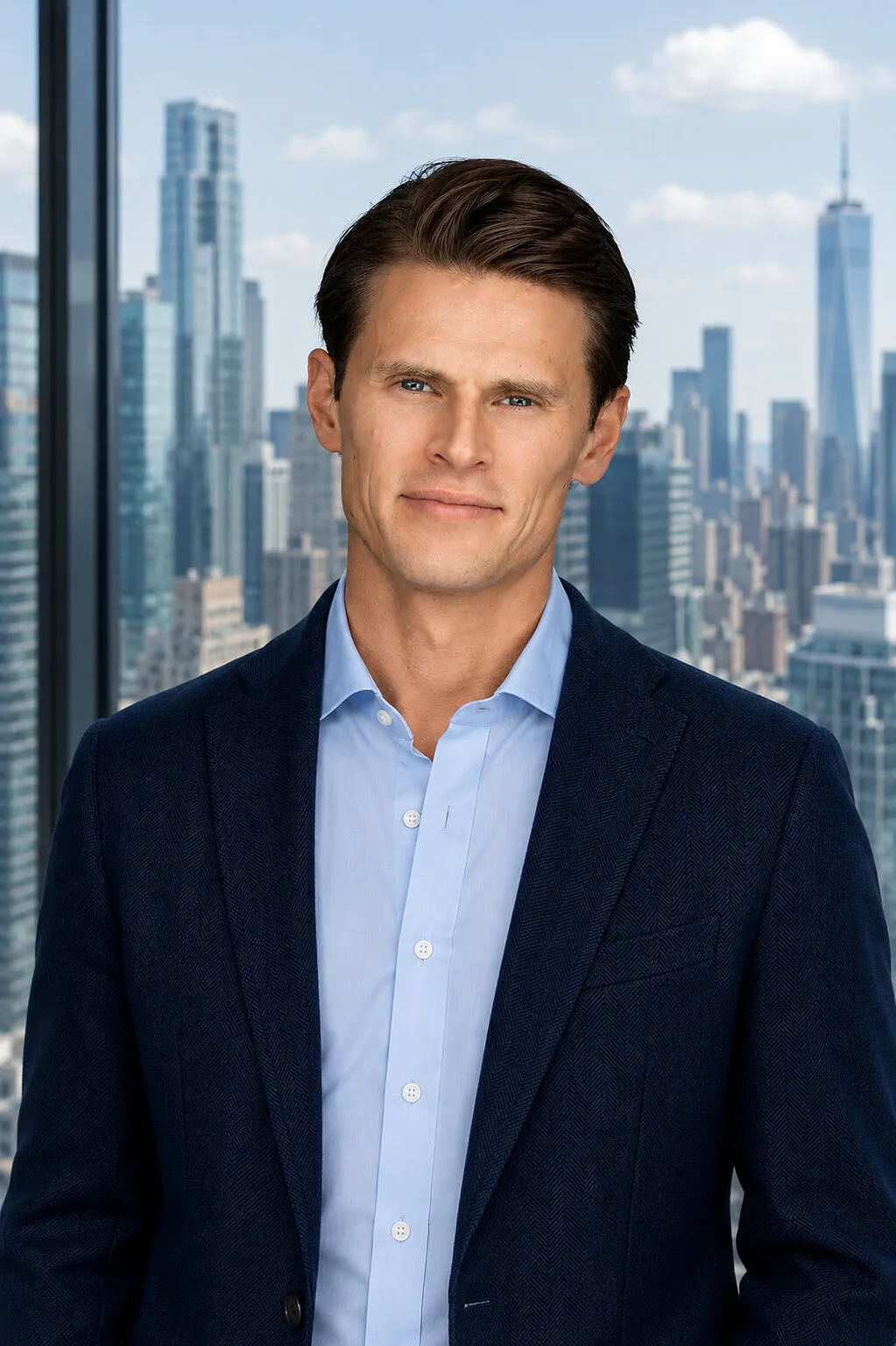 Man in a navy blazer and light blue shirt standing before a city skyline.