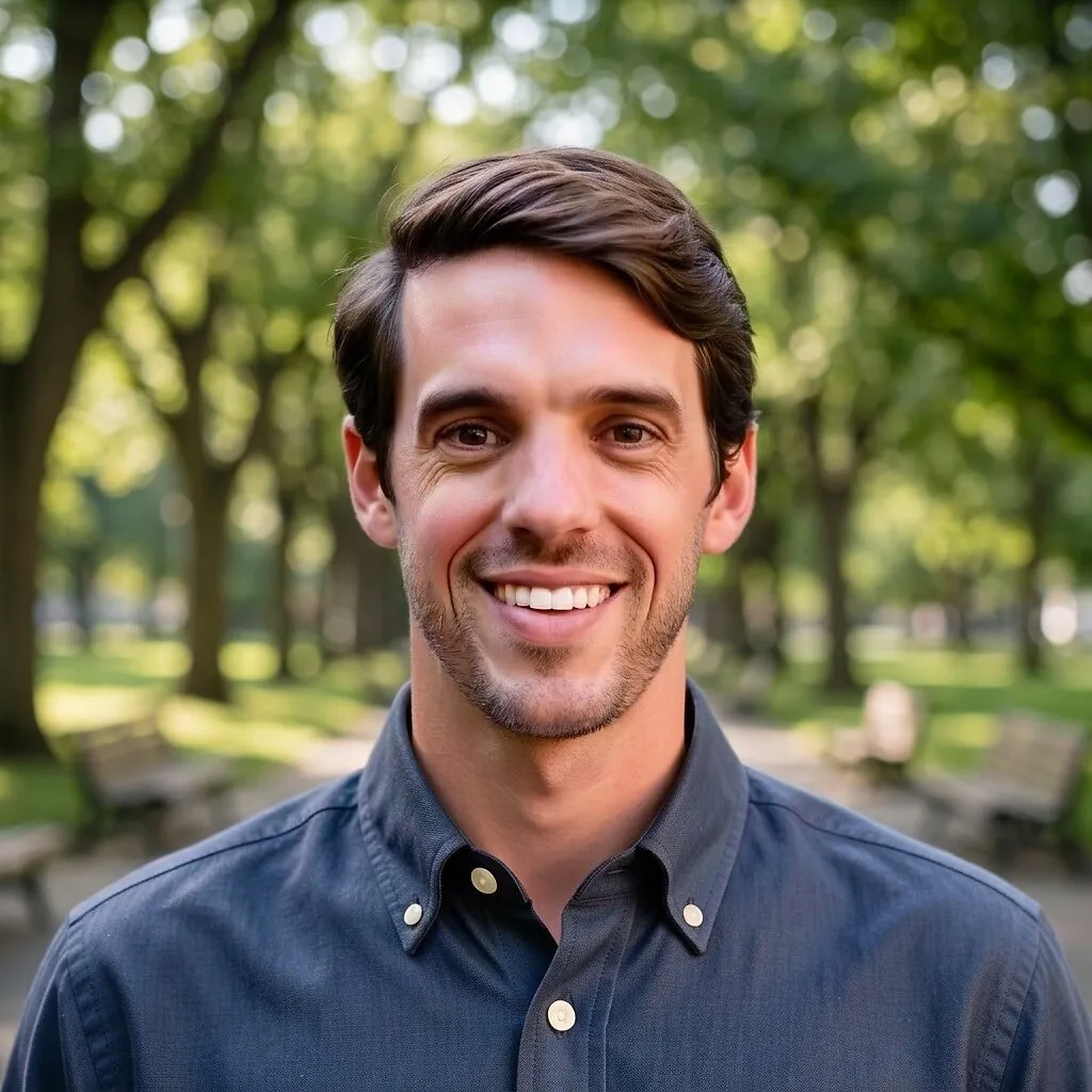 A smiling man with dark hair stands in a sunlit park.