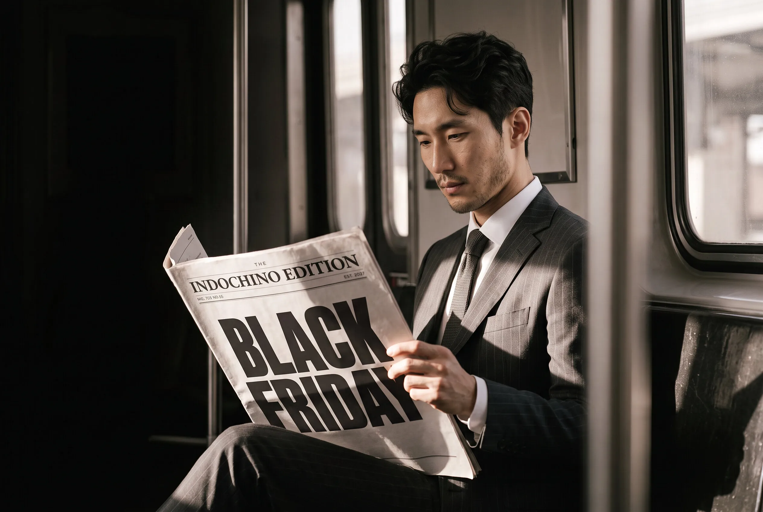 A person in a suit reads a newspaper with “Black Friday” on the front page aboard a train.