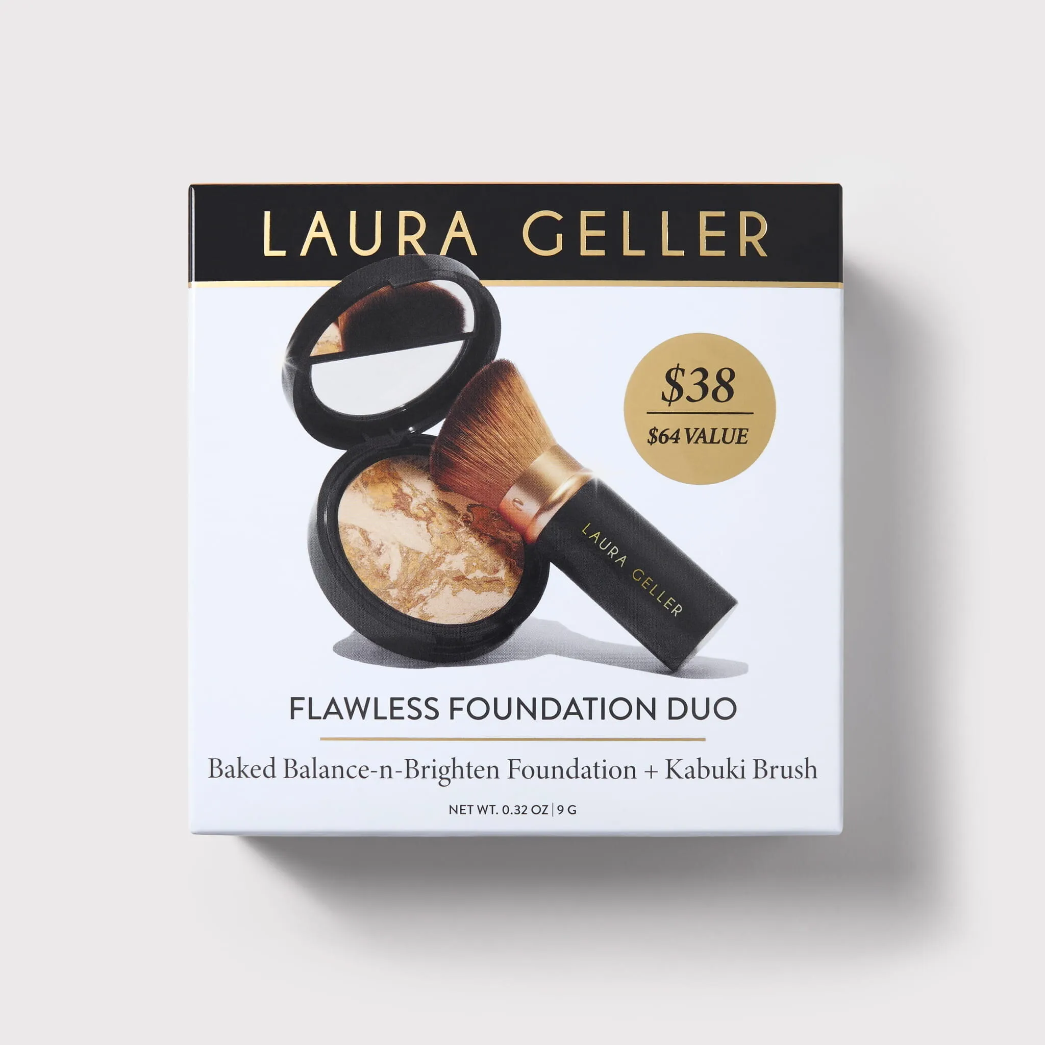 Laura Geller Flawless Foundation Duo box with baked foundation compact and kabuki brush