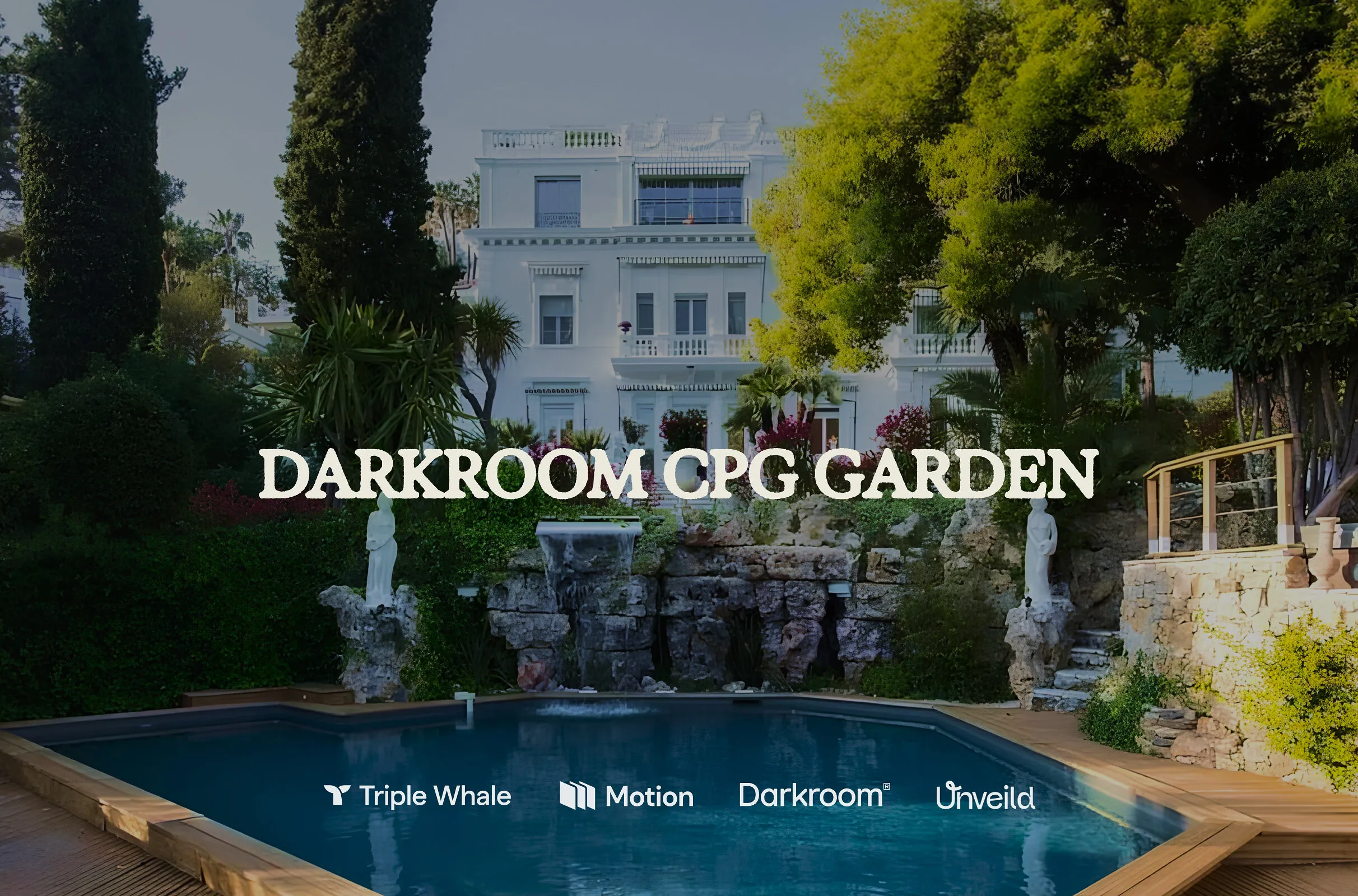 Garden and swimming pool outside a white villa with “Darkroom CPG Garden” text overlay.