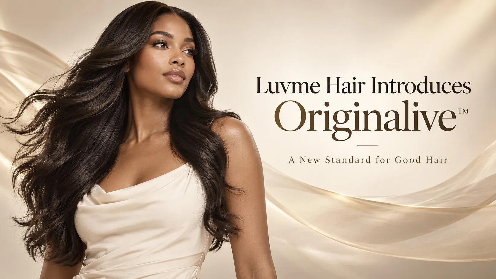 Woman with long wavy dark hair in a white dress beside Originalive text.