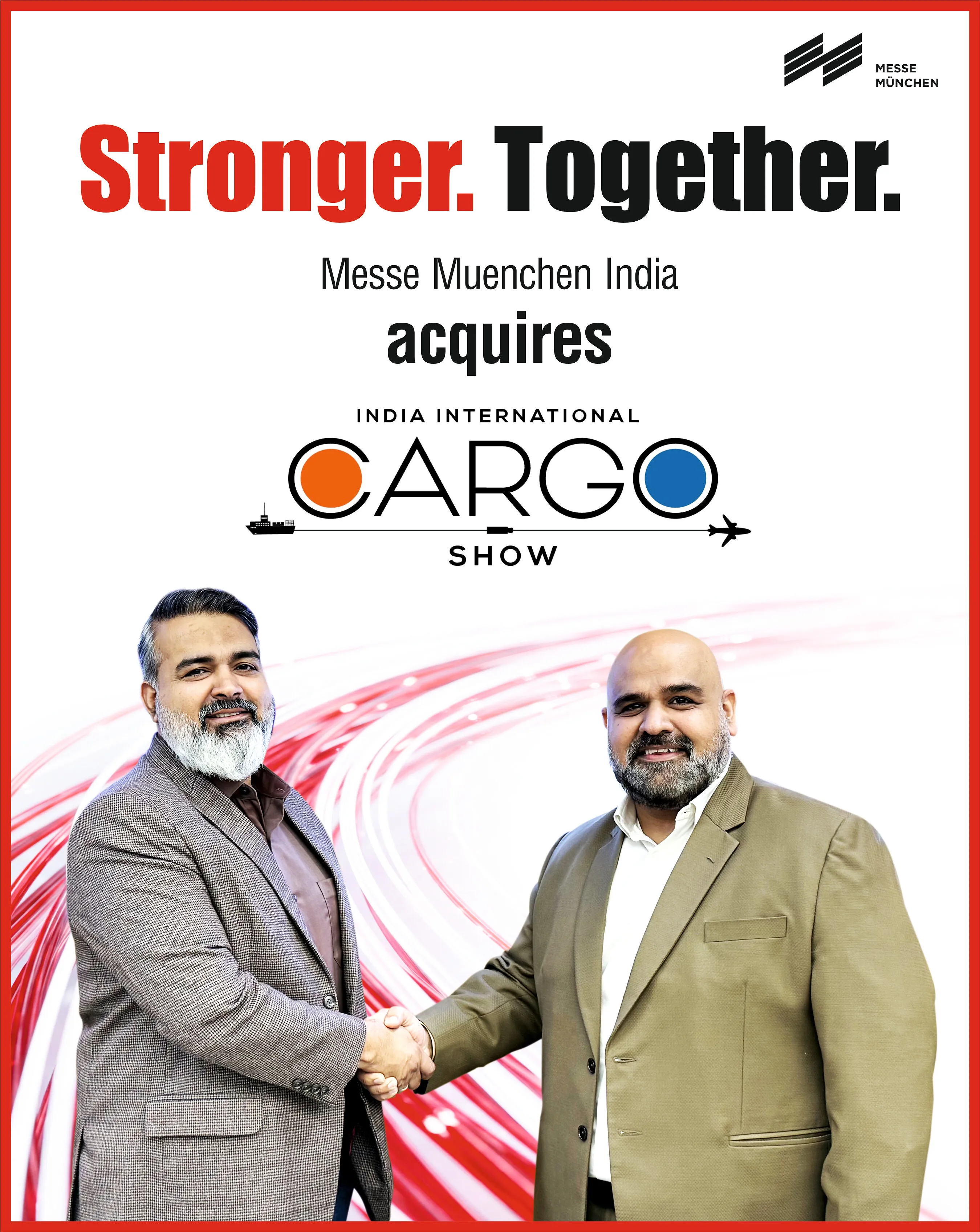 Two men shake hands beneath text announcing Messe Muenchen India’s acquisition of India International Cargo Show.