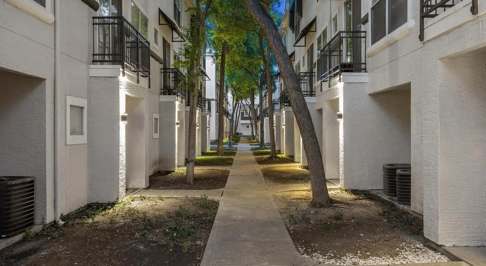 Tree-lined walkway between white apartment buildings with black balcony railings.