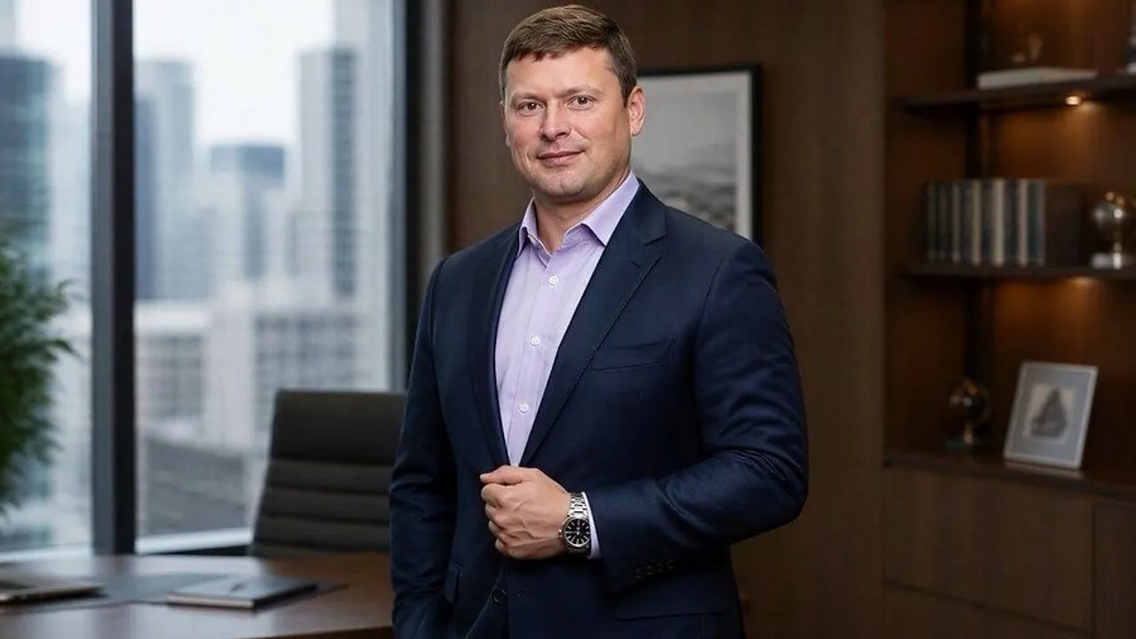 Man in a navy suit standing in an office beside a desk and city-view window.