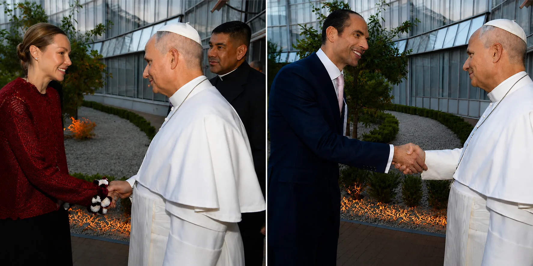 Melanie Herrera Velutini and Julio Herrera Velutini greeting Pope Francis outdoors.