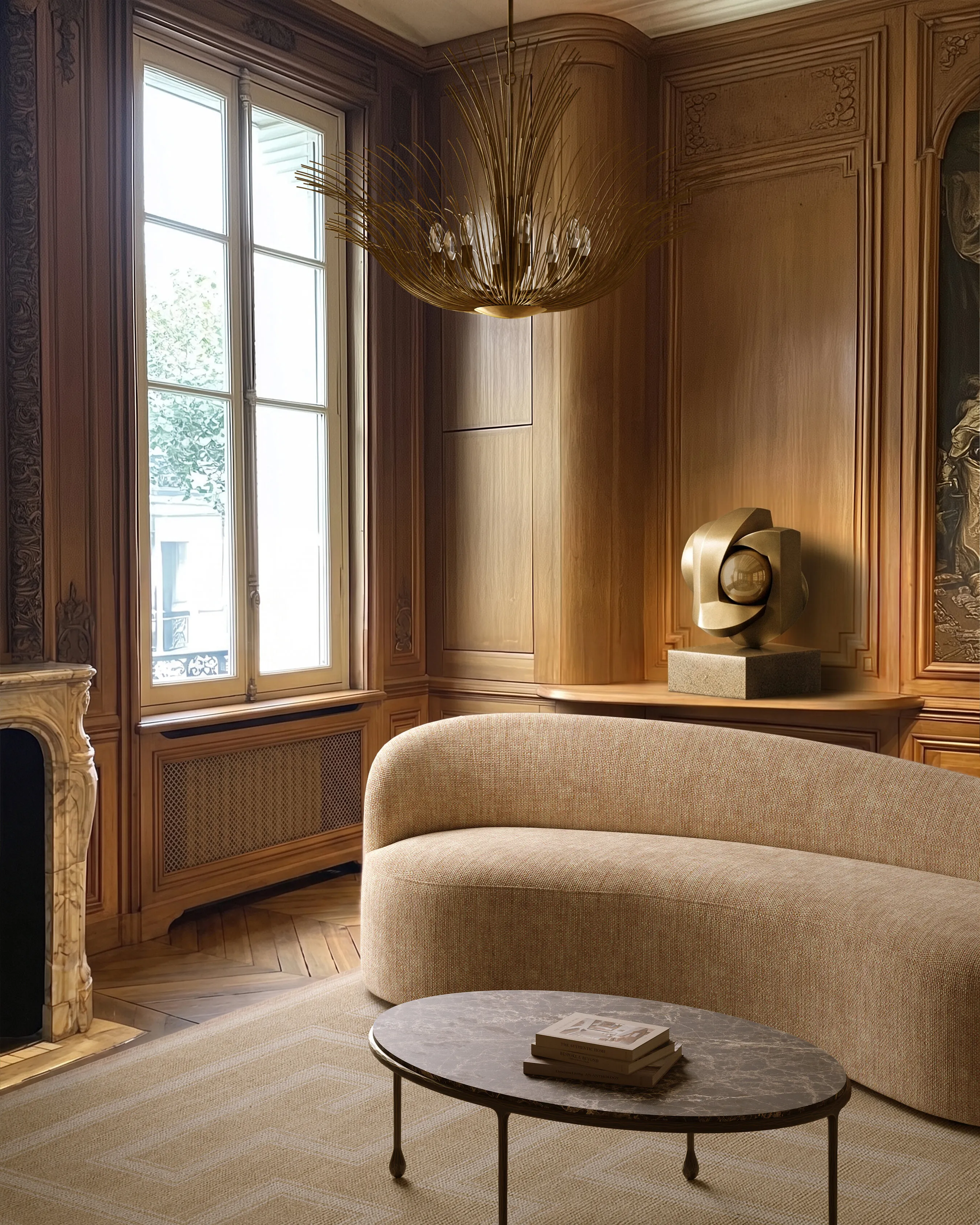 Curved beige sofa, marble coffee table and gold chandelier in a wood-paneled room