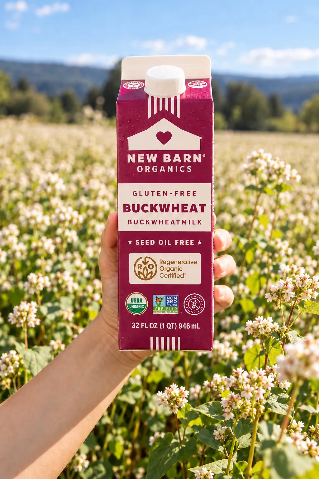 A hand holding a carton of New Barn Organics Buckwheat Milk in a flowering field.