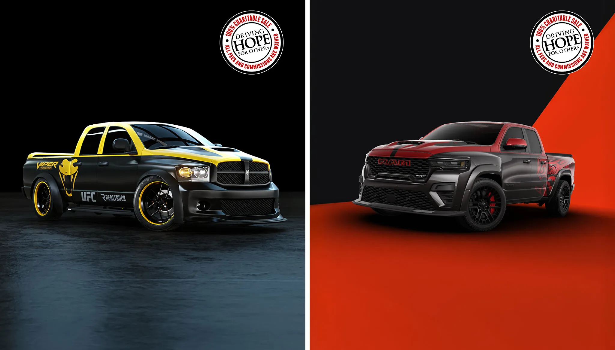 Two customized Ram pickup trucks with Driving Hope for Others charity sale logos.