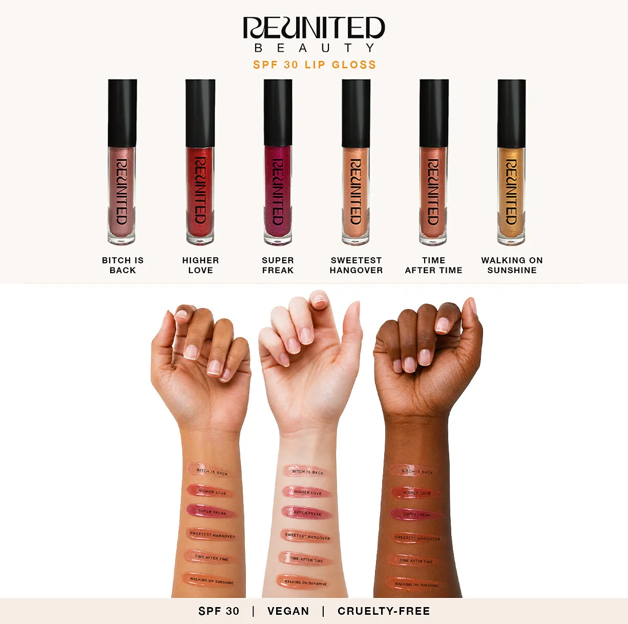 Six lip gloss tubes in assorted shades above three raised hands with manicured nails.