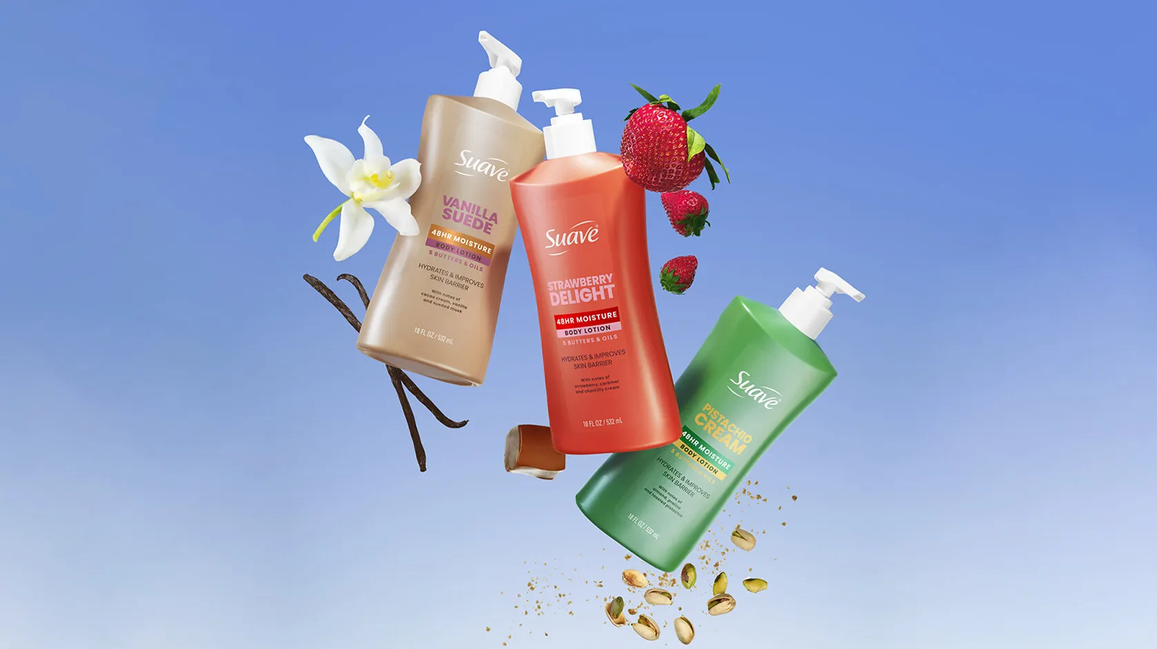 Three Suave 48HR Moisture Lotion bottles with vanilla, strawberry and pistachio ingredients.