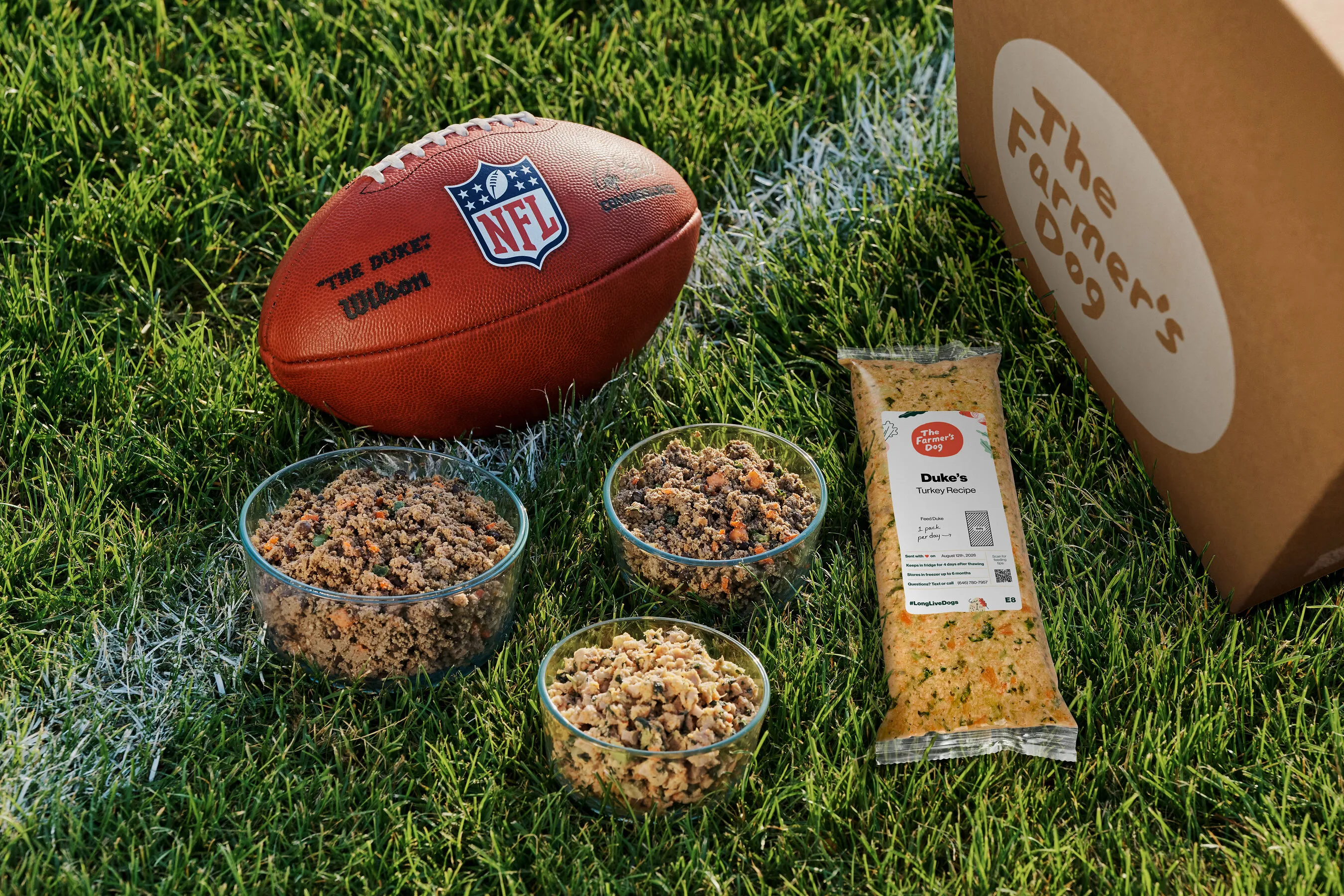 NFL football beside bowls of dog food, a Turkey Recipe package and The Farmer’s Dog box on grass