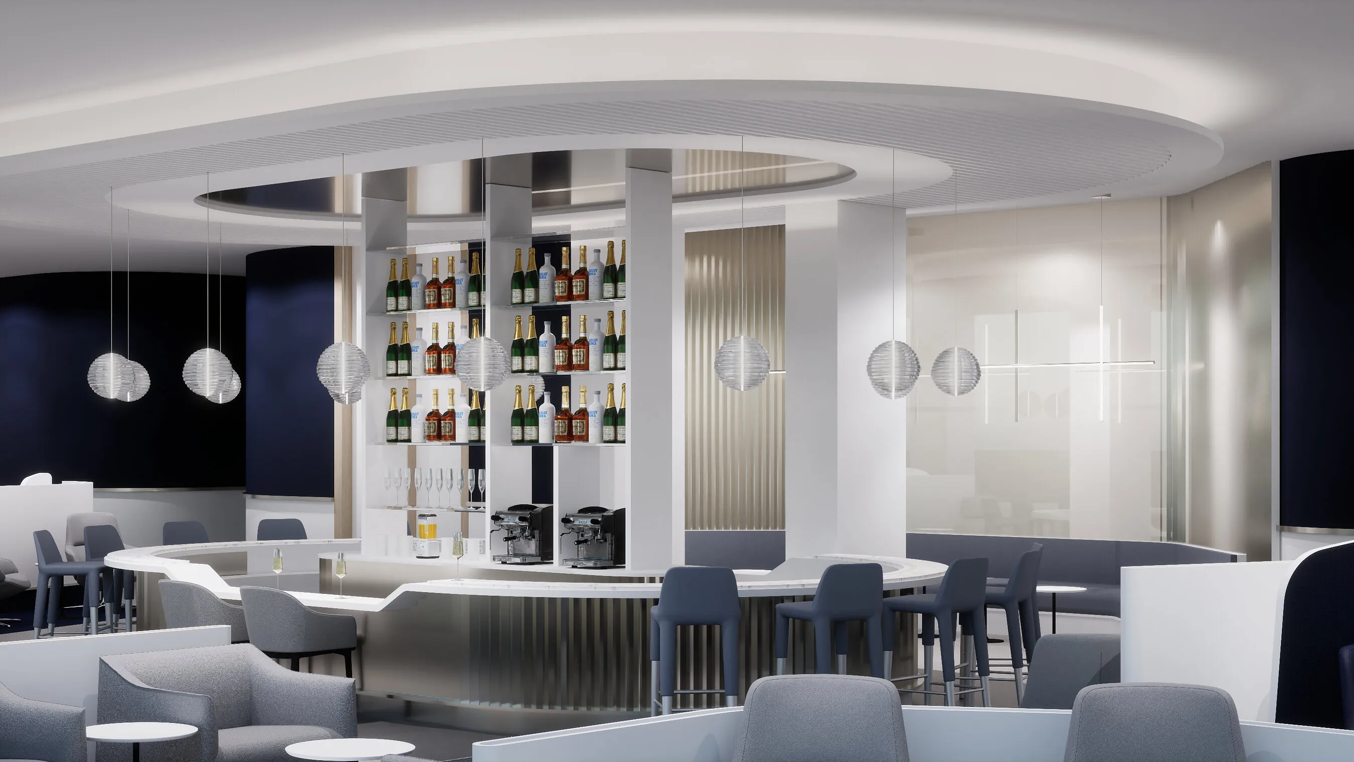 Modern white bar with blue stools, hanging globe lights, and shelves of champagne and liquor bottles.