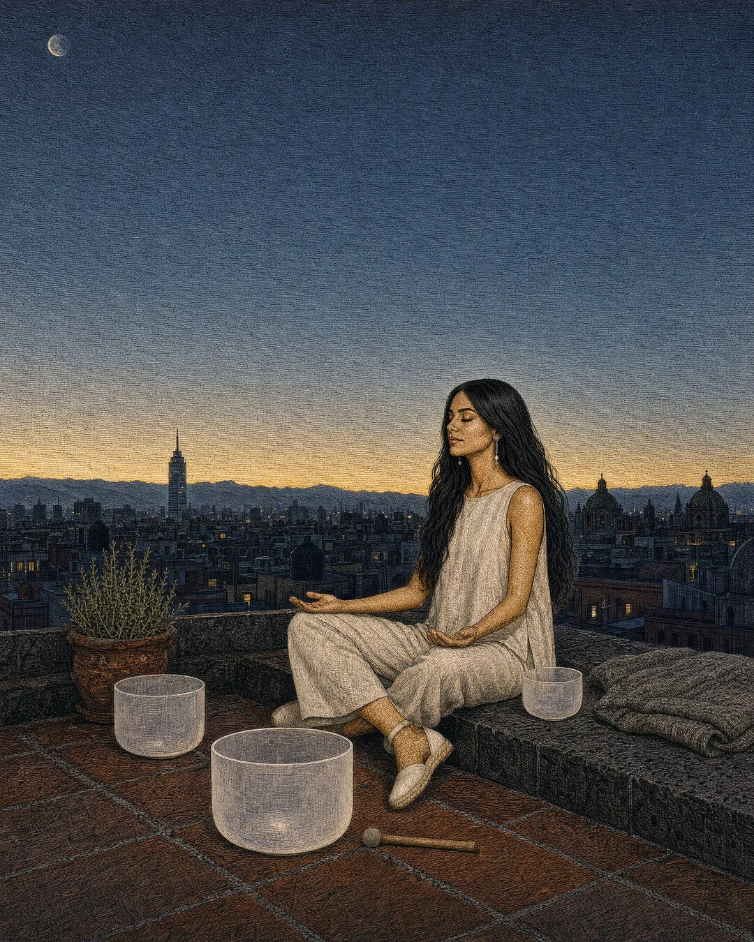 Woman meditating beside singing bowls on a rooftop overlooking a city at dusk.