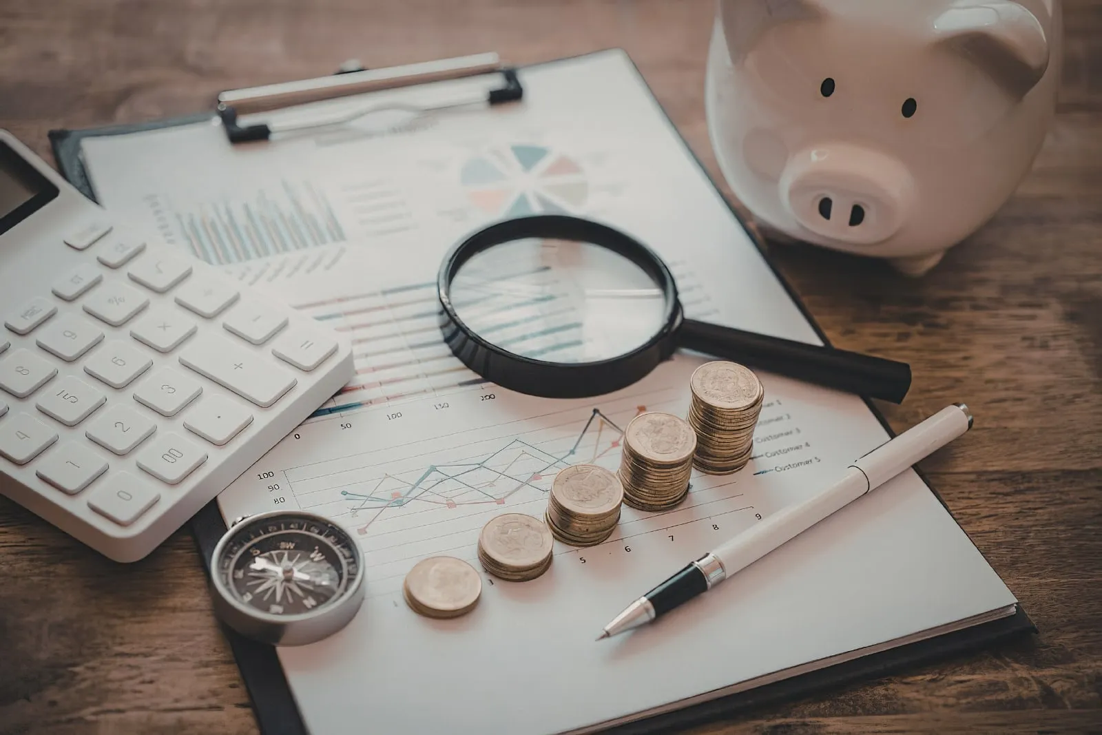 A calculator, a magnifying glass, stacked coins, a pen and a piggy bank sit on a clipboard of charts on a wooden desk.