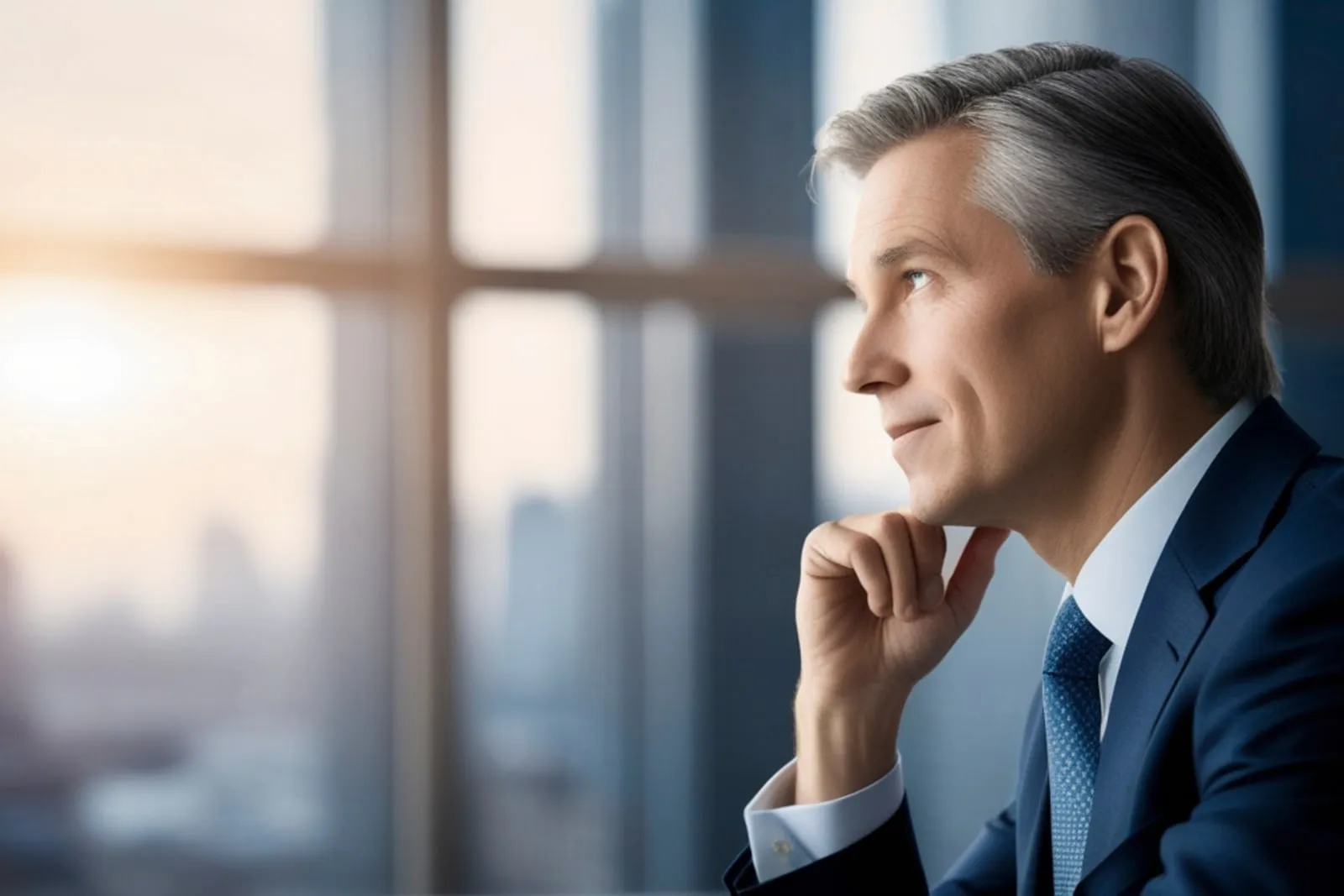 A grey-haired man in a navy suit rests his chin on his hand and looks out of a window.