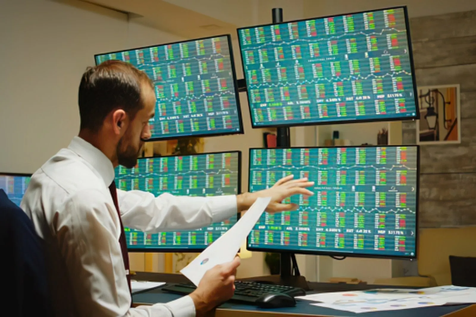 A man in a white shirt holds a sheet of paper and points at a bank of screens showing market data.