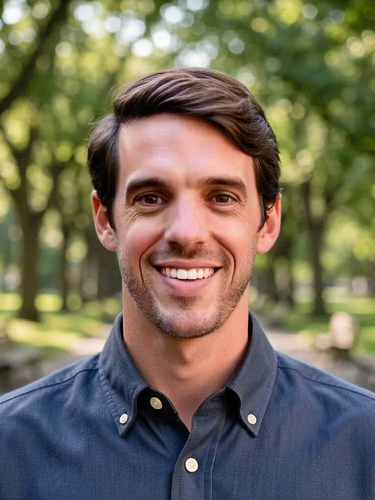 A smiling man with dark hair stands in a sunlit park.