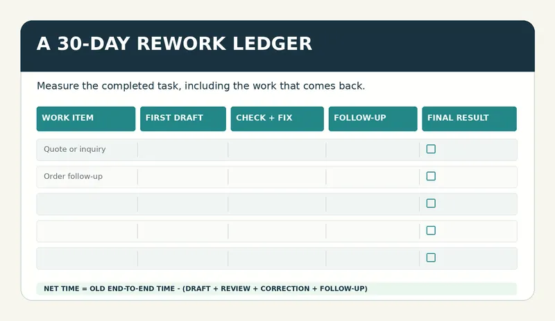 A blank 30-day rework ledger with columns for work item, first draft, check and fix, follow-up and final result